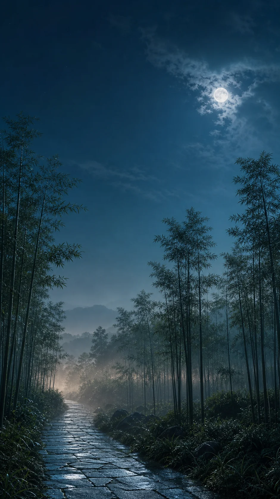 月光竹林手机壁纸变体，开阔竹径与右侧远月制造不同的竖屏留白
