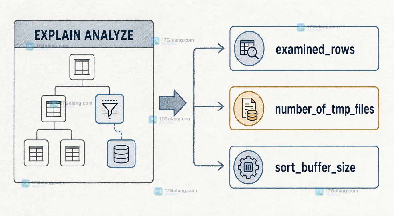 MySQL EXPLAIN ANALYZE 与 filesort_summary 对照 examined_rows、number_of_tmp_files 和 sort_buffer_size
