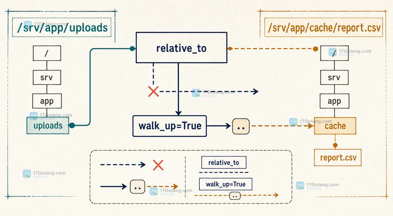 Python pathlib Path.relative_to 与 walk_up 产生 ../cache/report.csv 的路径边界逻辑图