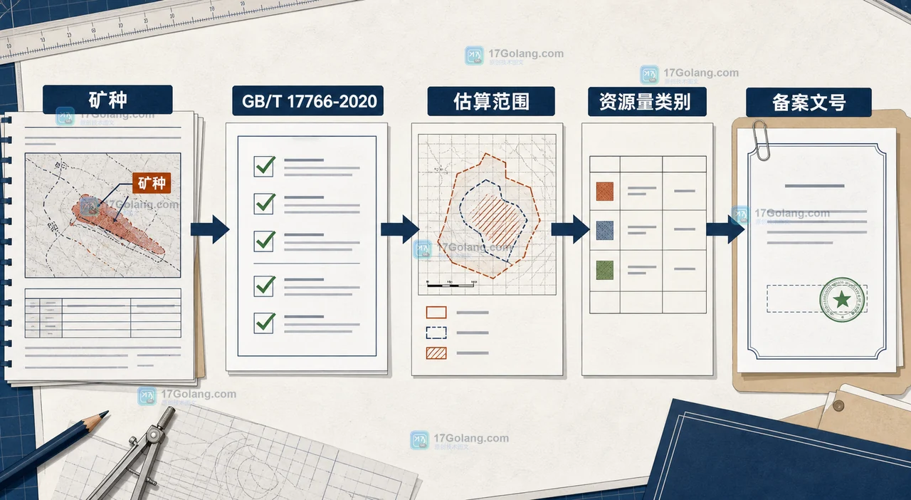 固体矿产资源储量报告从矿种识别到标准、范围、资源量和备案核对的链路示意图