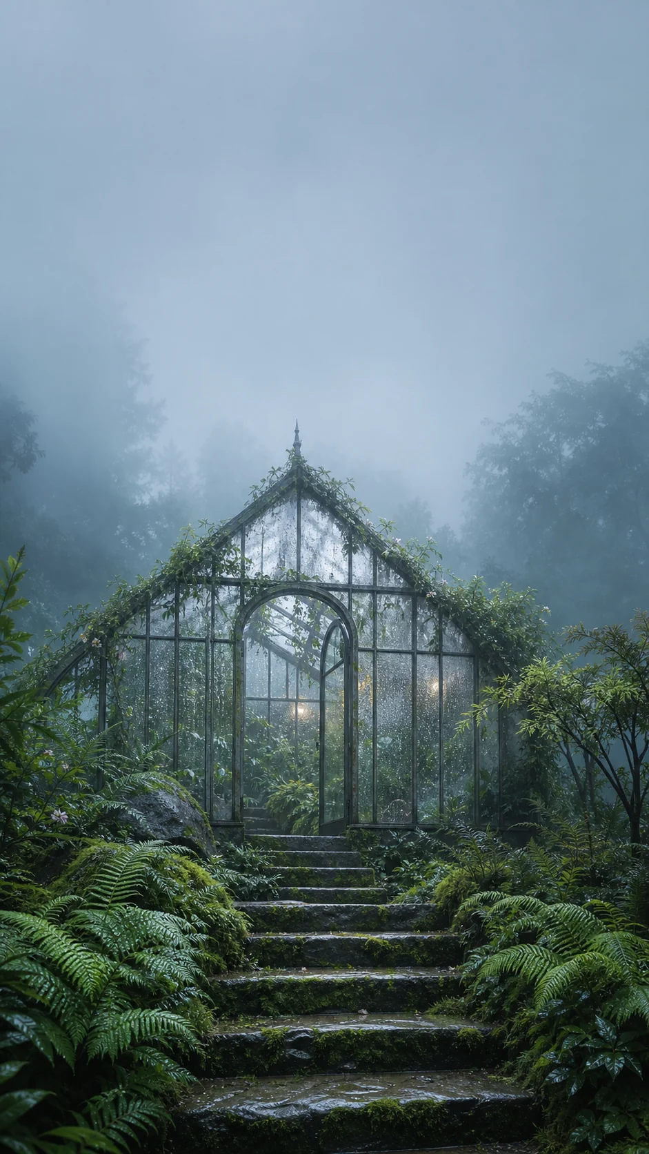雨后苔藓玻璃温室手机锁屏主壁纸，顶部雾光留白，中下部为湿润石阶