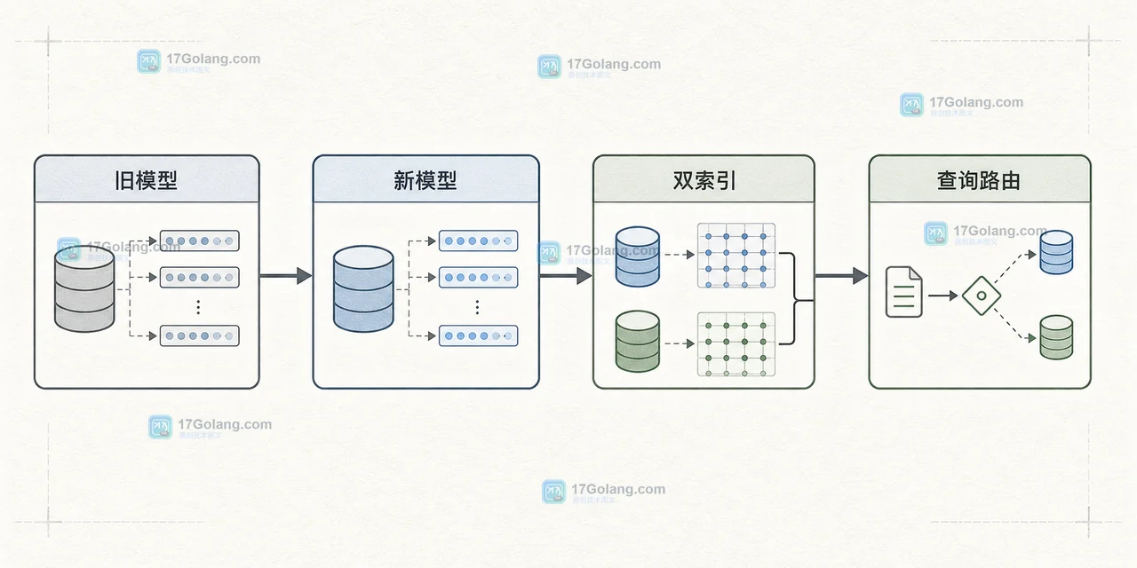 Embedding 模型从旧模型和新模型分别写入双索引,再由查询路由选择版本