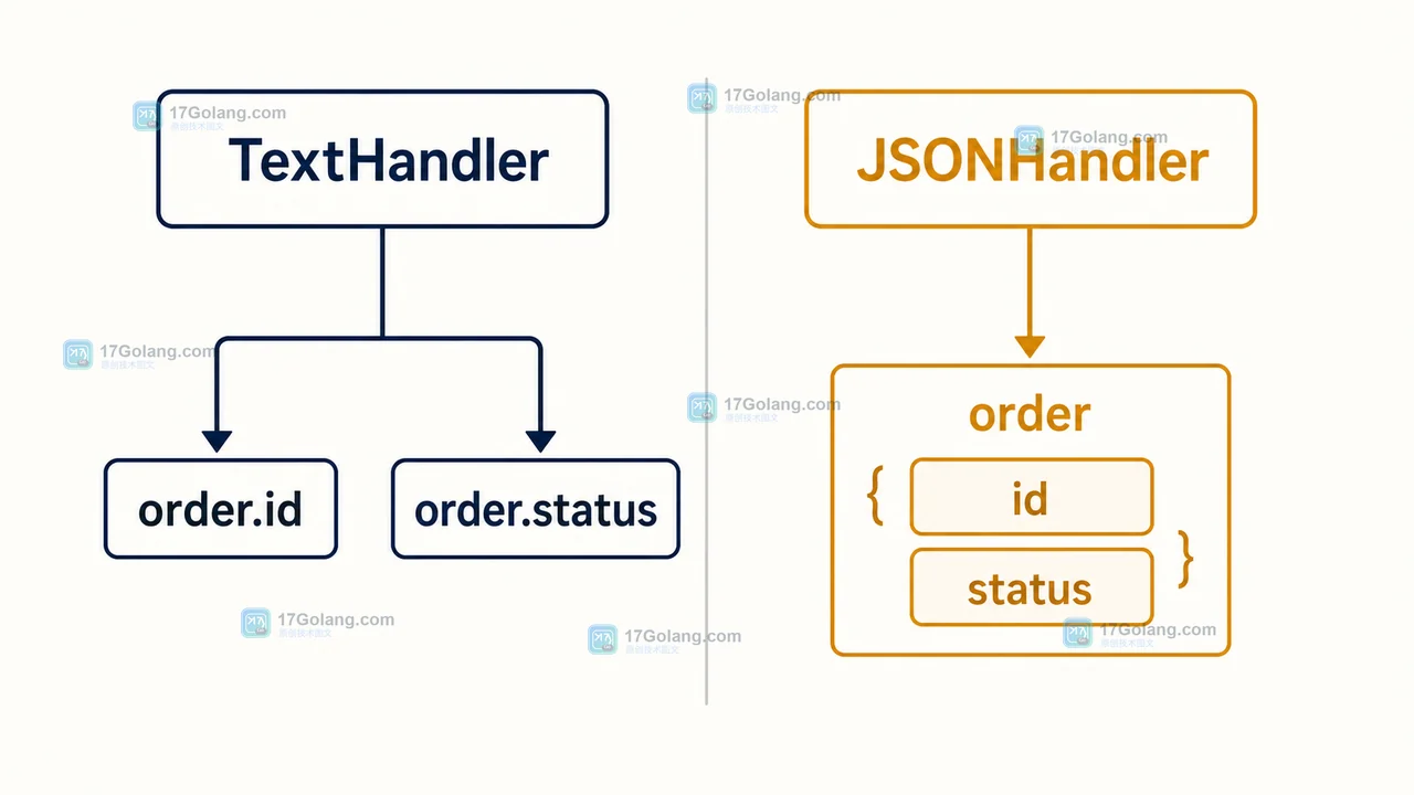 Go slog WithGroup 在 TextHandler 与 JSONHandler 中的输出路径,对比 order.id 点号键与 order 嵌套对象
