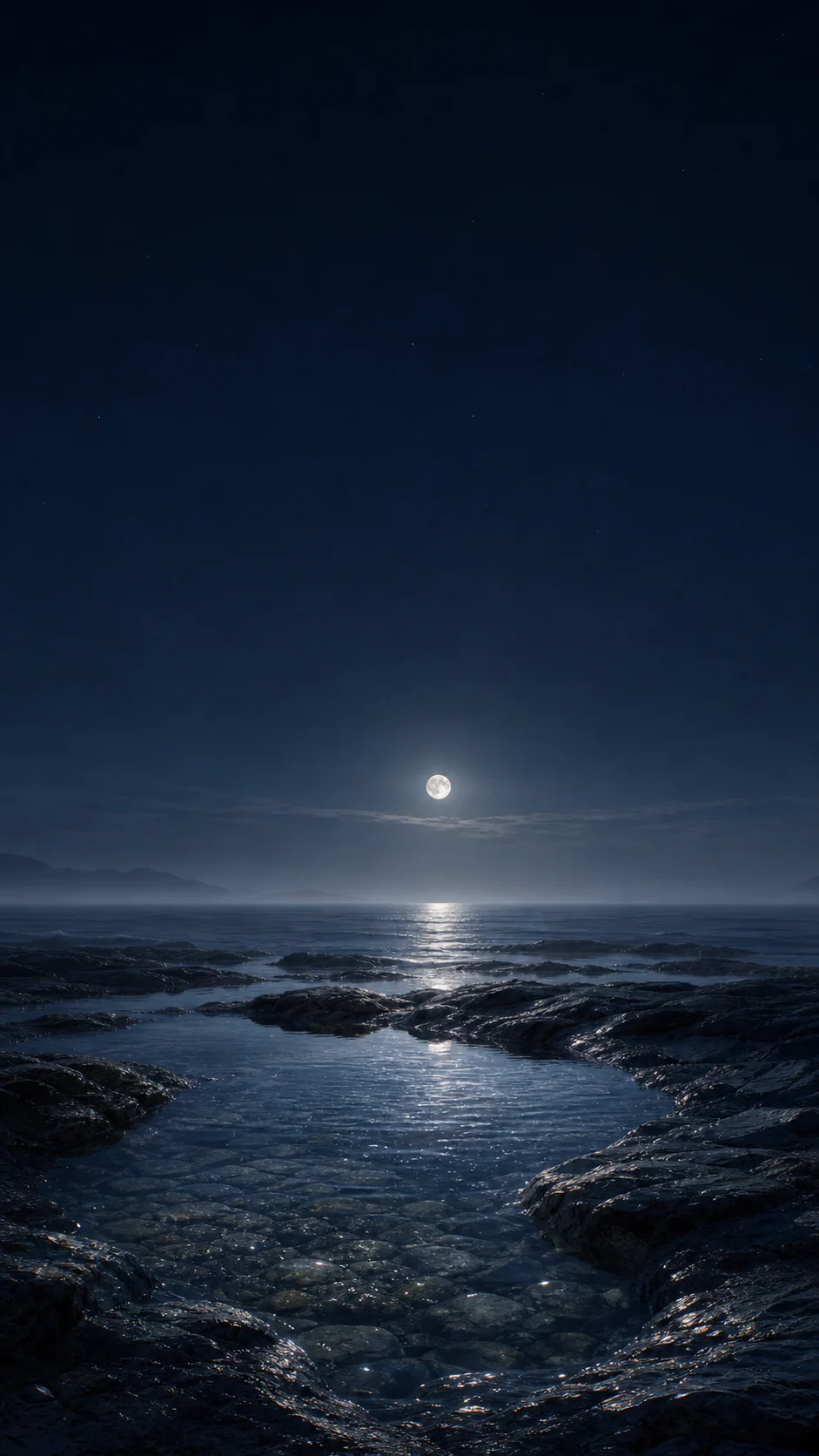月夜潮汐岩池主手机壁纸,底部岩池承接星光倒影,顶部保留锁屏时间留白