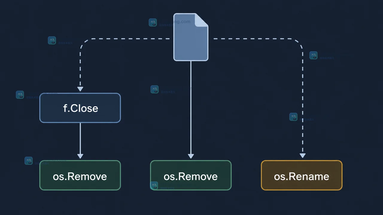 写入失败、关闭失败和重命名提交三条路径中的 f.Close、os.Remove、os.Rename 状态关系图
