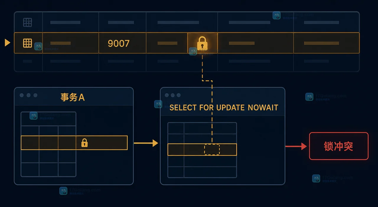 事务A持有行锁后,SELECT FOR UPDATE NOWAIT 让事务B直接收到锁冲突