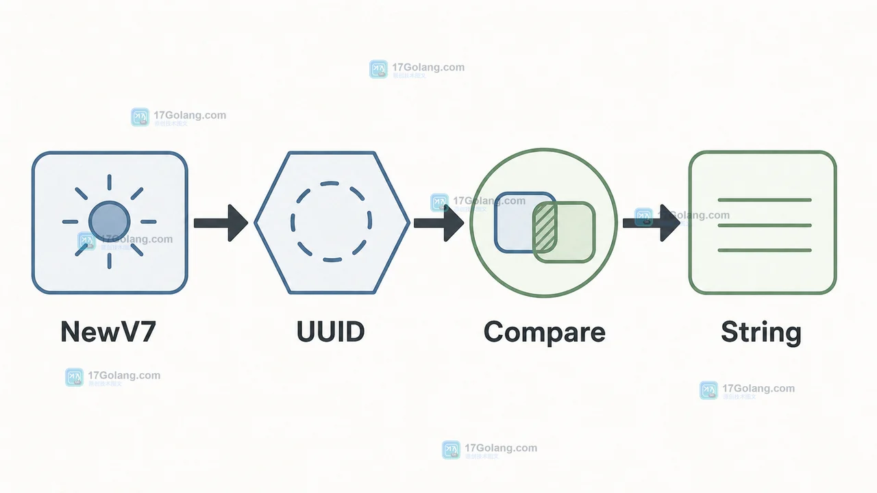 NewV7 生成 UUID 后由 UUID 进入 Compare 再由 String 输出请求标识的数据生命周期