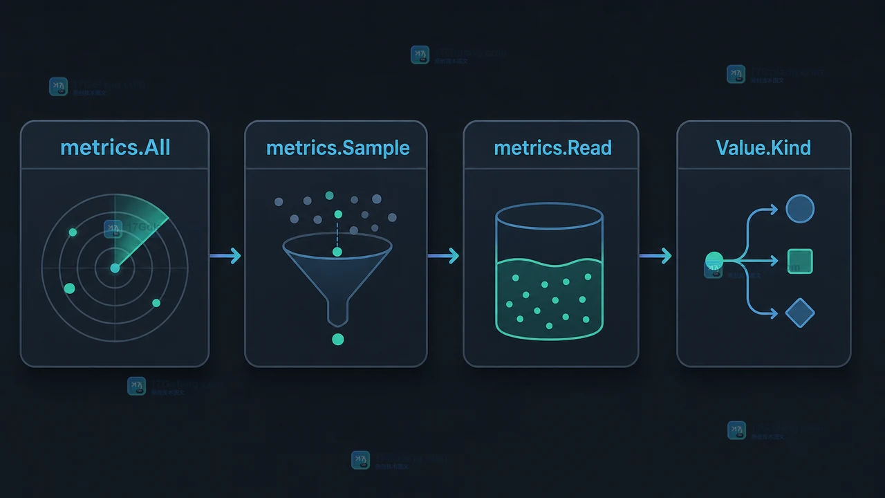 metrics.All 发现 Description 后把名称放入 metrics.Sample，再由 metrics.Read 填充 Value 并检查 Value.Kind