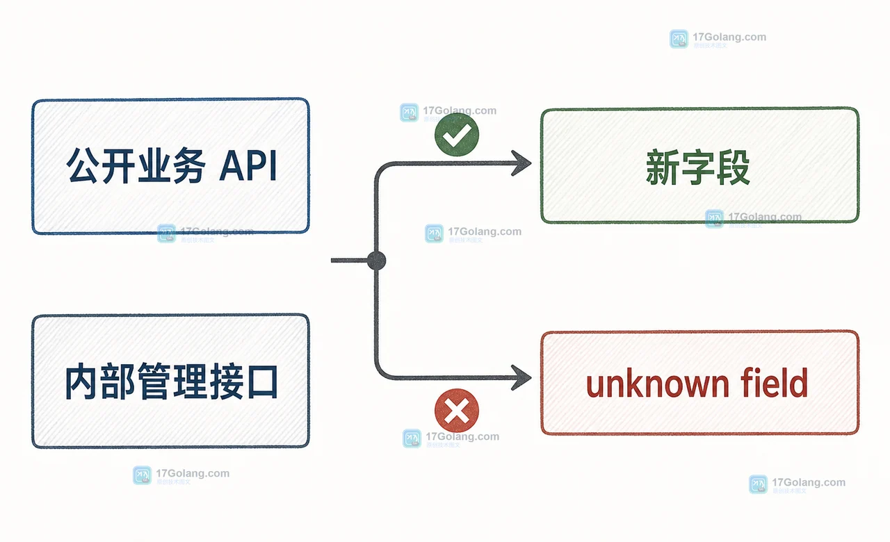 Go JSON 接口在公开兼容入口与内部严格入口之间做选择：新字段走兼容策略，拼写错误在严格解码处停止