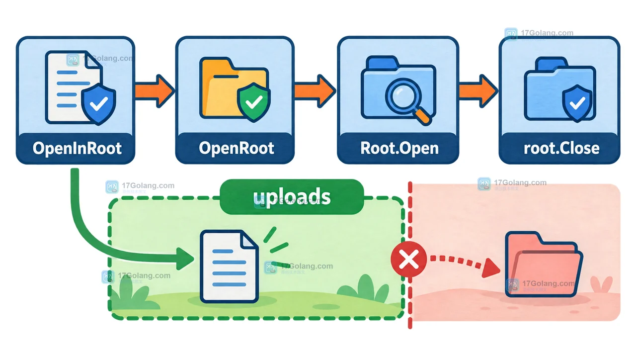 OpenInRoot 通过 OpenRoot、Root.Open 和 root.Close 限制不可信文件名的调用链