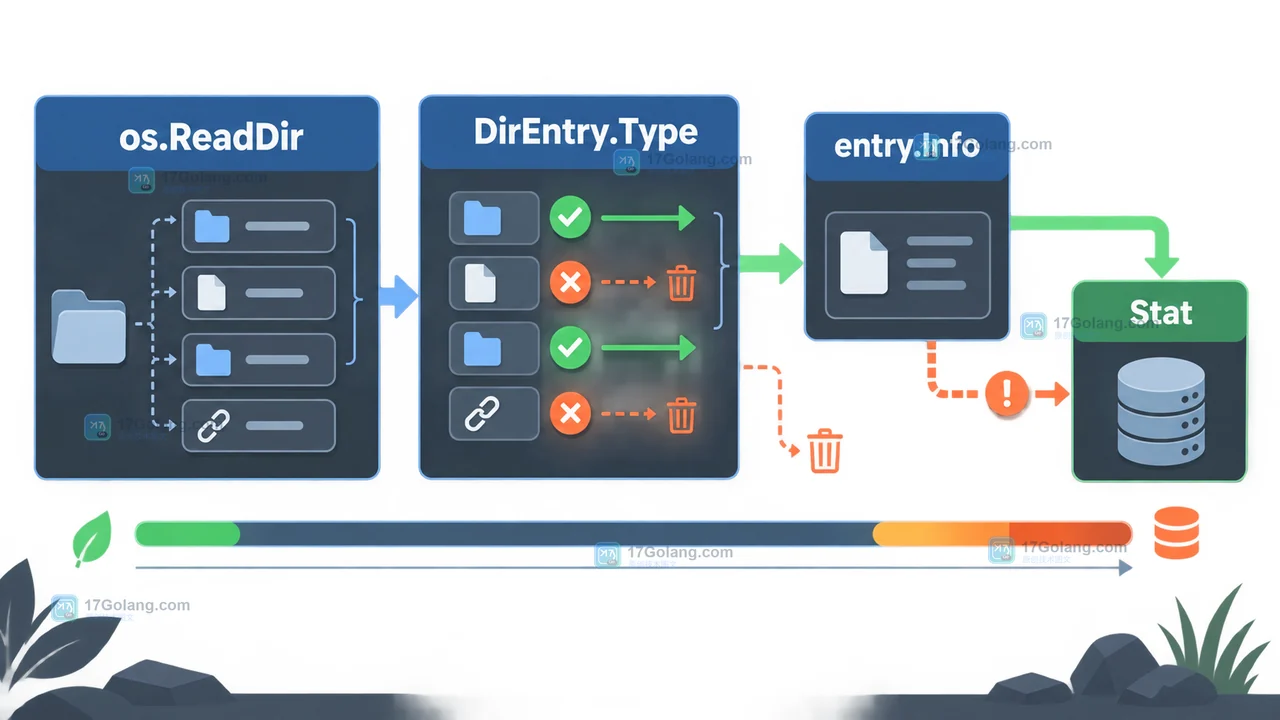 Go os.ReadDir 使用 DirEntry.Type 筛选普通文件并减少 entry.Info 与 Stat 调用的资源预算图
