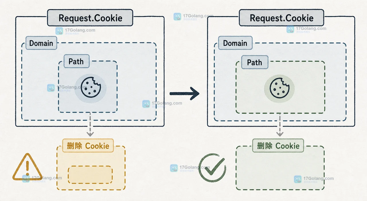 Request.Cookie 按 Name 和 Path 核对 Cookie，作用域不一致会让退出删除失败