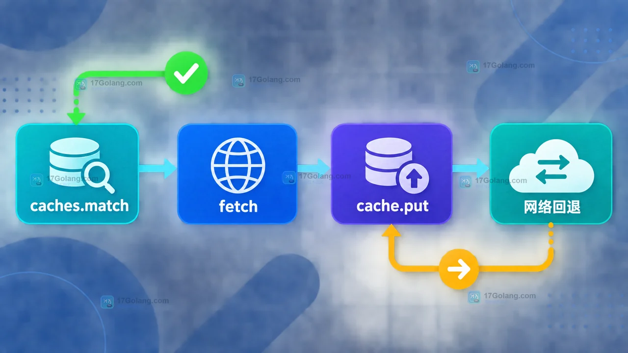 Cache API 读取数据路径：caches.match 命中缓存，否则经过 fetch 与 cache.put 形成网络回退