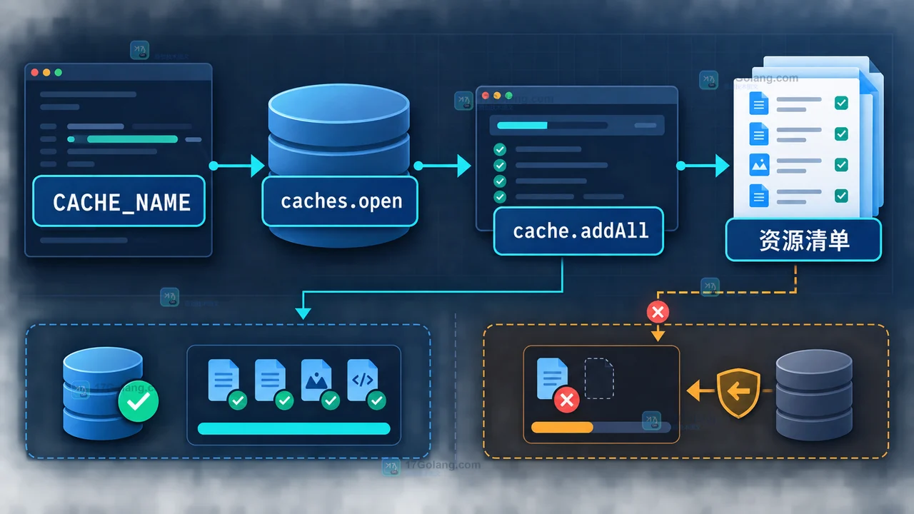 Cache API 版本化安装流程：CACHE_NAME 经过 caches.open 后由 cache.addAll 写入资源清单