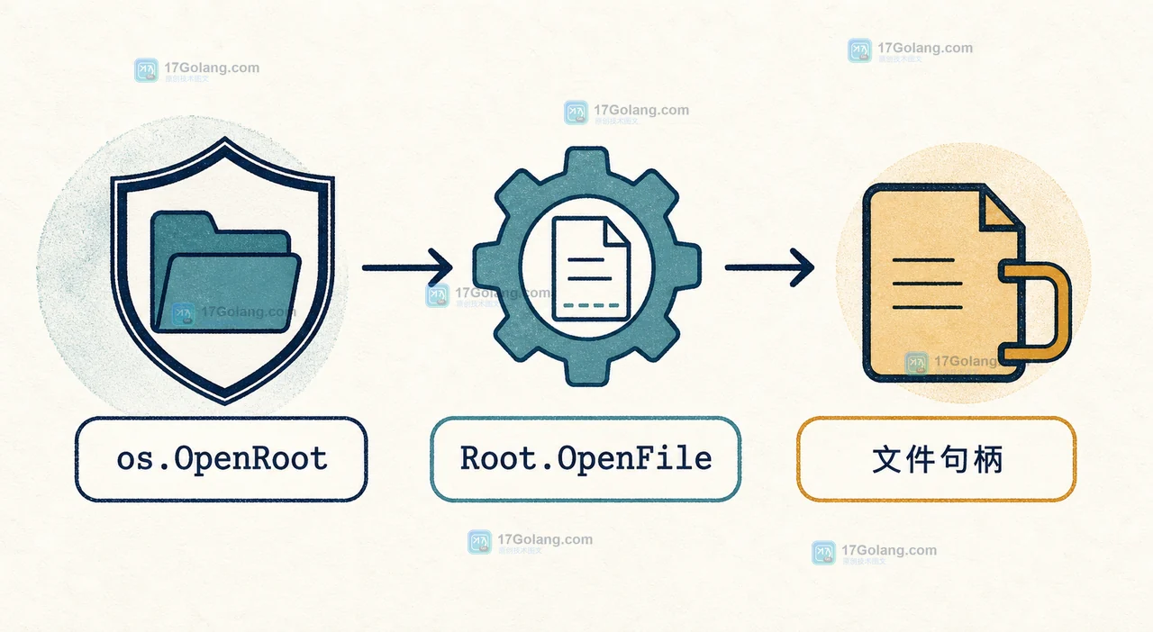 os.Root.OpenFile 从可信根目录到相对文件名再到文件句柄的路径边界示意图