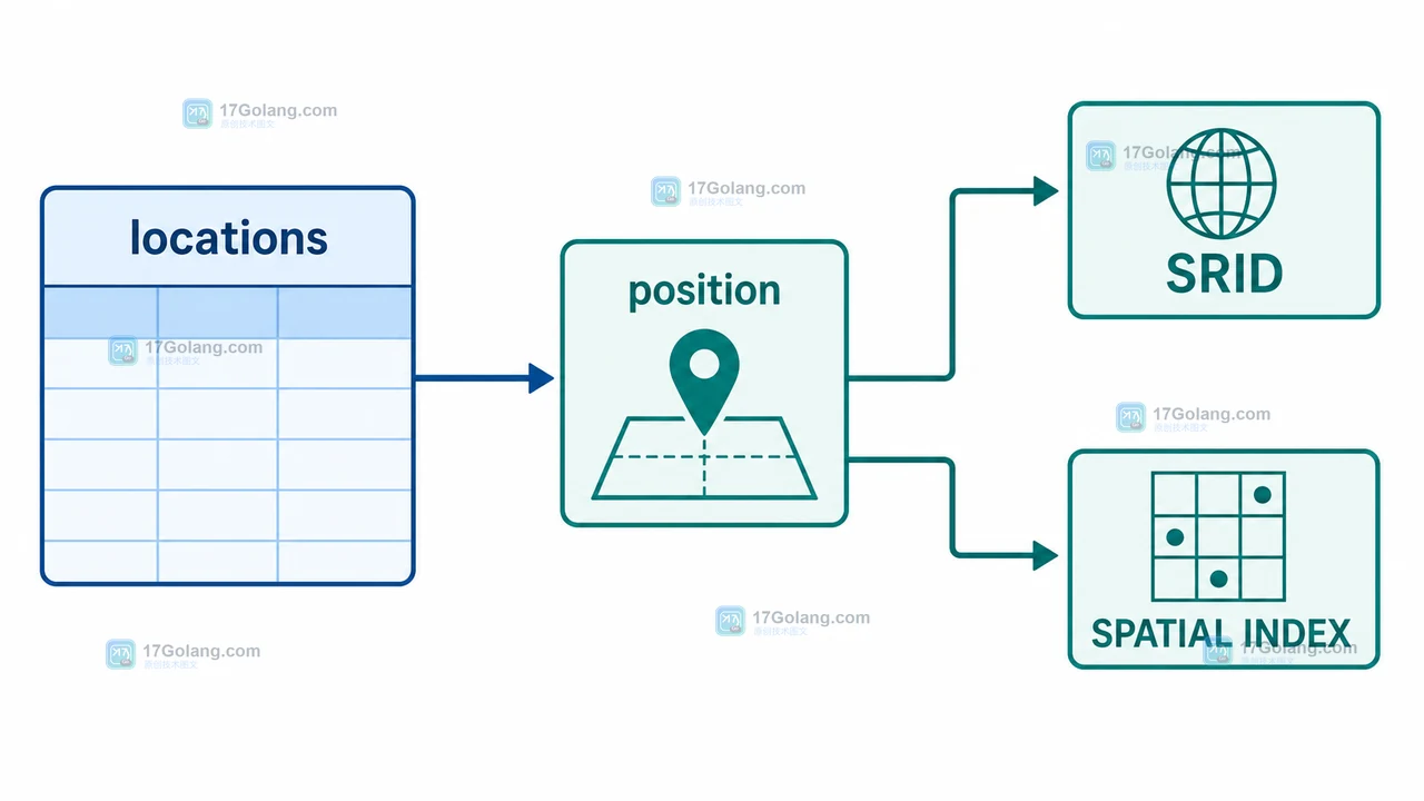 locations 表的 position、SRID 和 SPATIAL INDEX 关系示意图