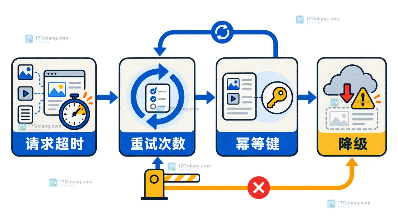 多模态调用重试门禁：请求超时结合重试次数和幂等键，超过边界后进入降级