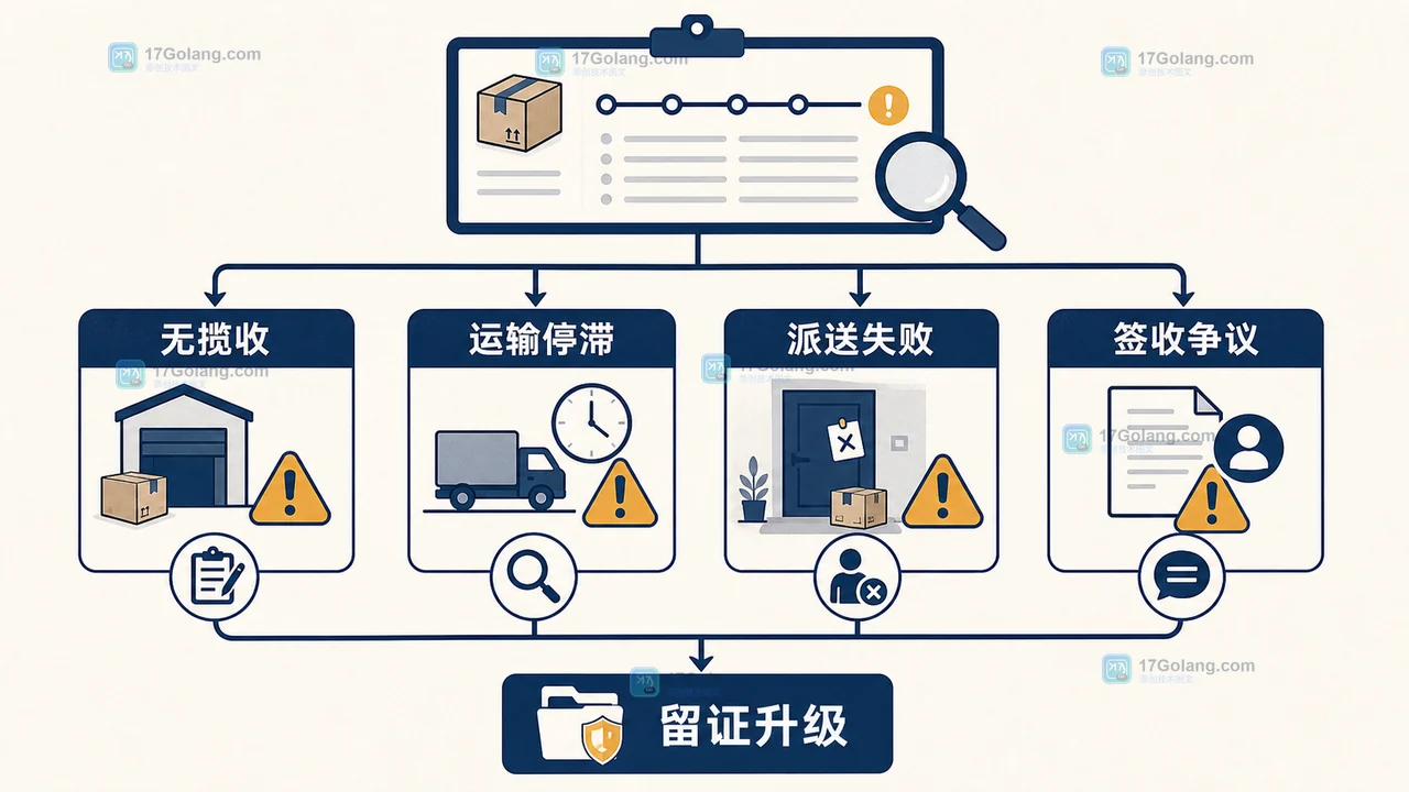 物流异常件按无揽收、运输停滞、派送失败和签收争议分流处理示意图