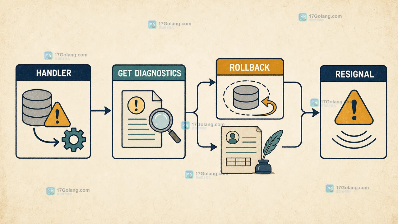 MySQL 异常处理器通过 HANDLER 读取 GET DIAGNOSTICS,回滚并写审计后用 RESIGNAL 继续返回错误