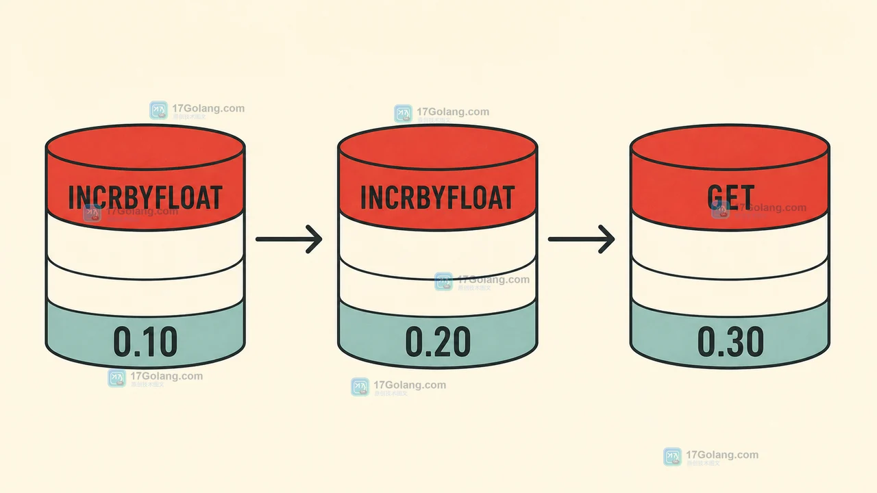 Redis INCRBYFLOAT 从空键开始累加 0.10 与 0.20,再由 GET 复核字符串结果的调用链