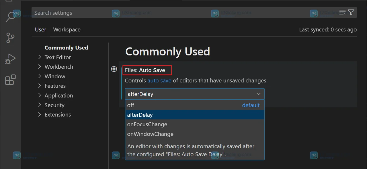 Visual Studio Code 官方 Settings Editor 中的 Files Auto Save 下拉选项