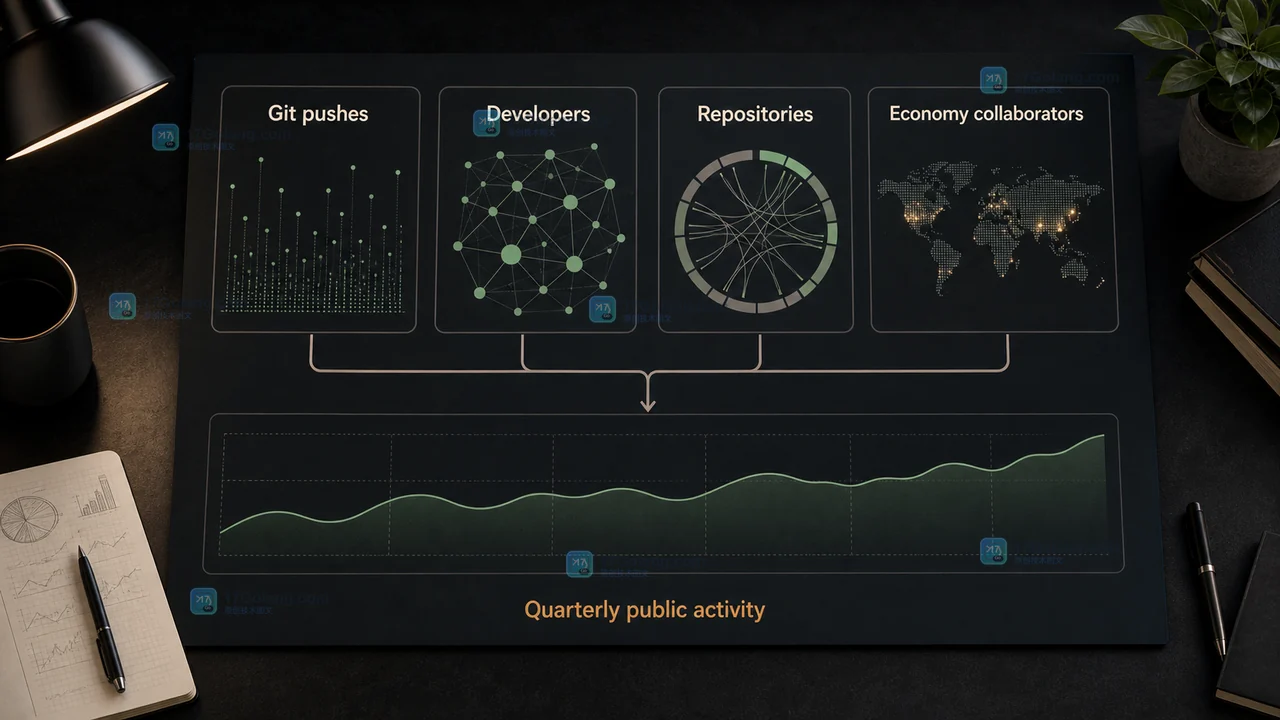 GitHub Innovation Graph 八类指标从开发者与仓库活动汇总到季度协作观察的关系图