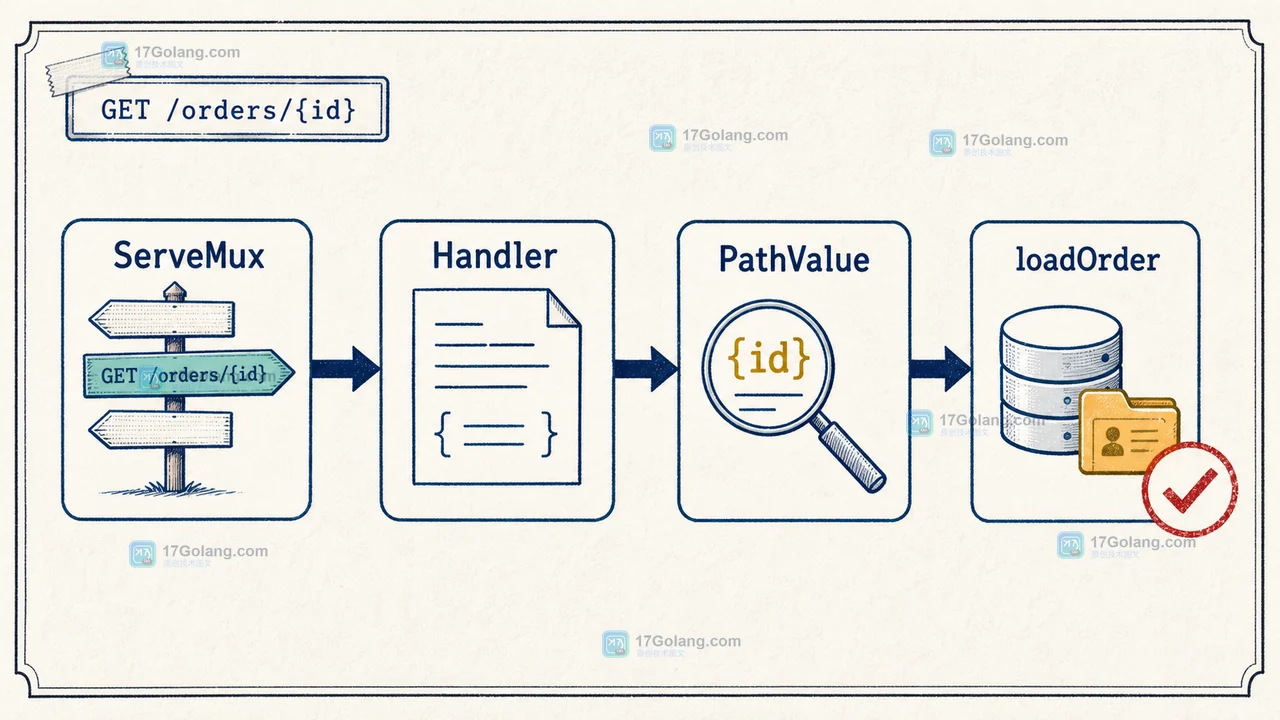 ServeMux 将 GET /orders/{id} 路由交给 Handler,再由 Request.PathValue 读取 id 并进入 loadOrder 的调用链示意图