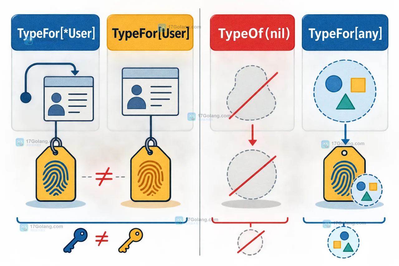 Go TypeFor 与 TypeOf 的分支：类型参数直接得到接口或指针类型，运行时 nil 值在 TypeOf 分支返回空类型