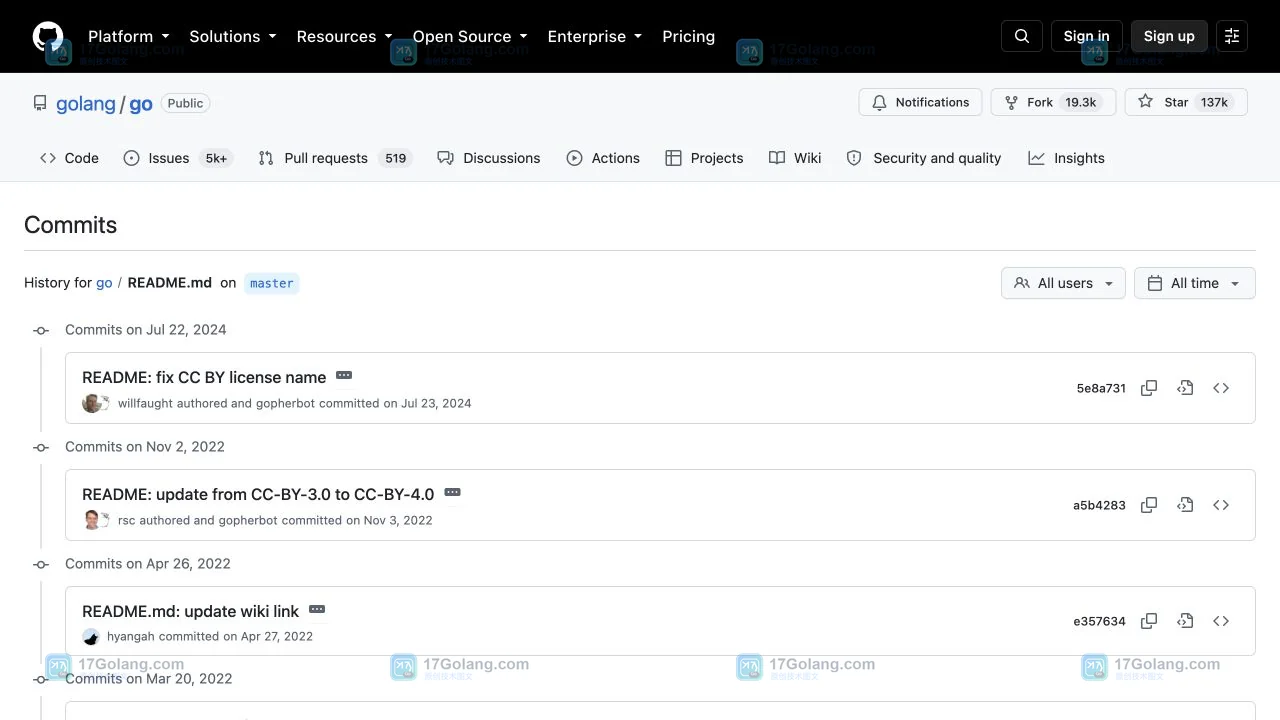GitHub README.md 的 History 列表,显示提交说明、日期、作者和 5e8a731 短 SHA