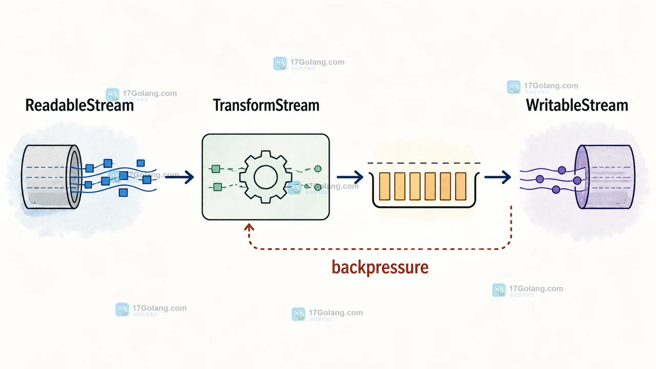 ReadableStream 进入 TransformStream，再由 WritableStream 消费的背压数据路径