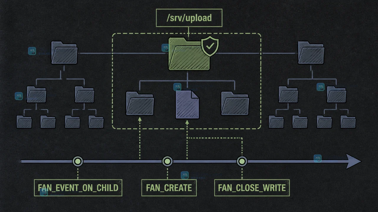 Linux fanotify 的 FAN_EVENT_ON_CHILD 只观察直接子项,FAN_CLOSE_WRITE 代表写入关闭后的内容核对时机