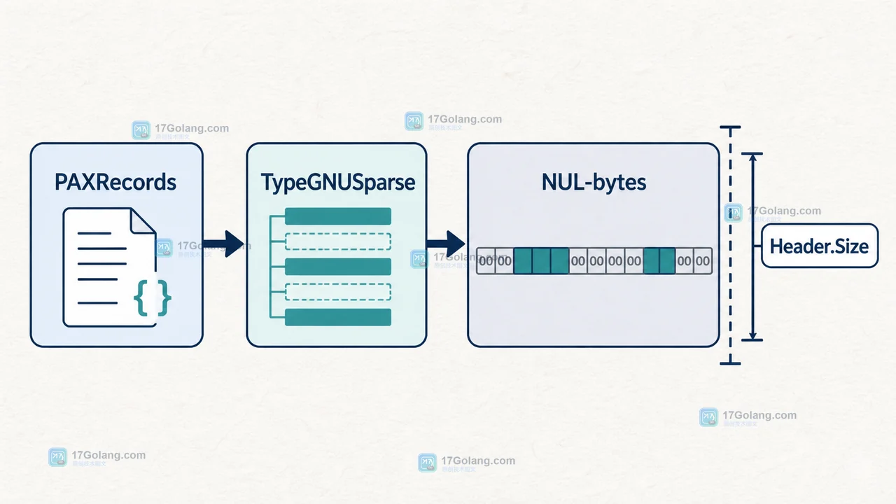 Go archive/tar 的 PAXRecords 和 TypeGNUSparse 共同决定稀疏文件 NUL-bytes 读取结果