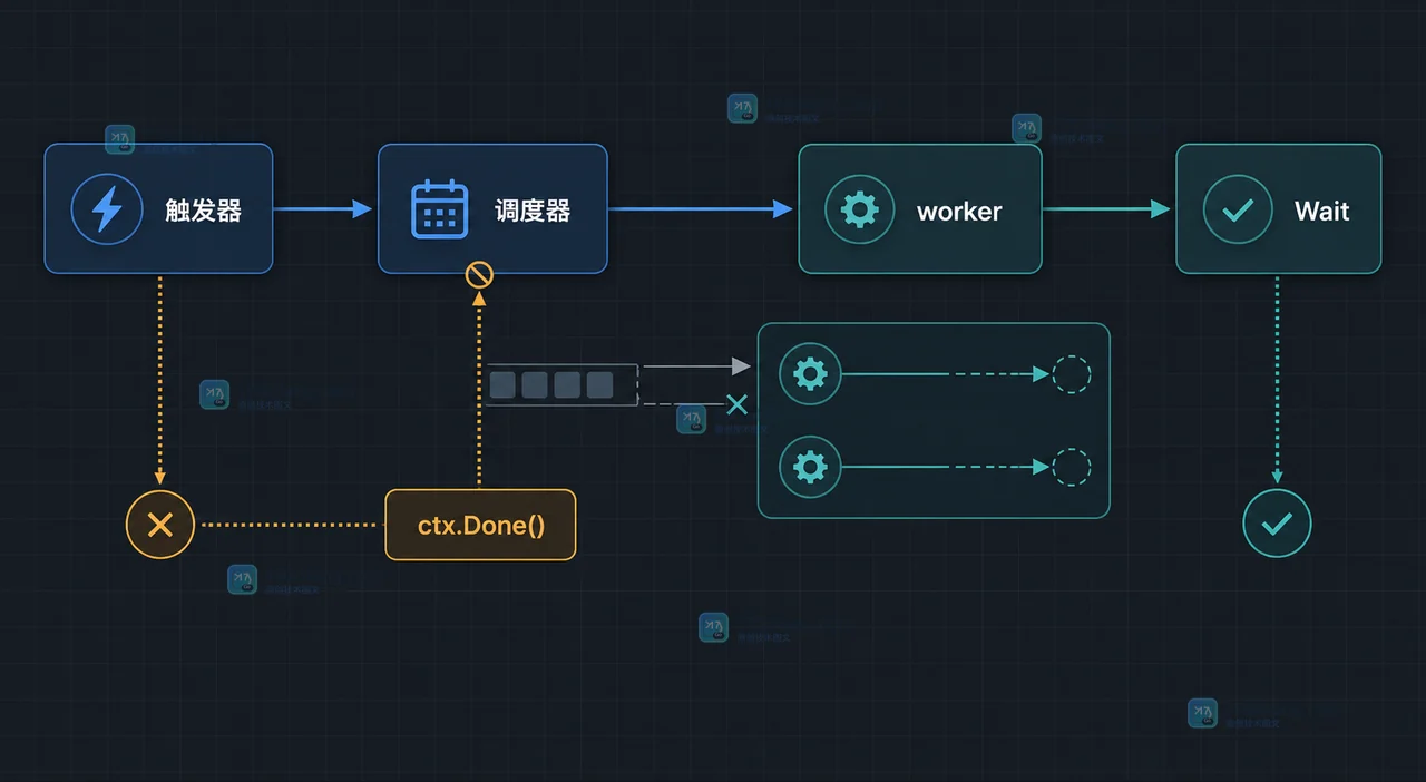 Go 自动化任务中触发器、调度器、worker 与 ctx Done 的取消控制流
