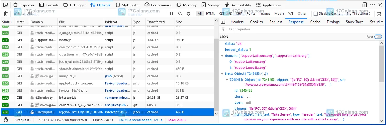 Firefox Network Monitor JSON 响应真实截图,展示 Response 中可展开的格式化对象