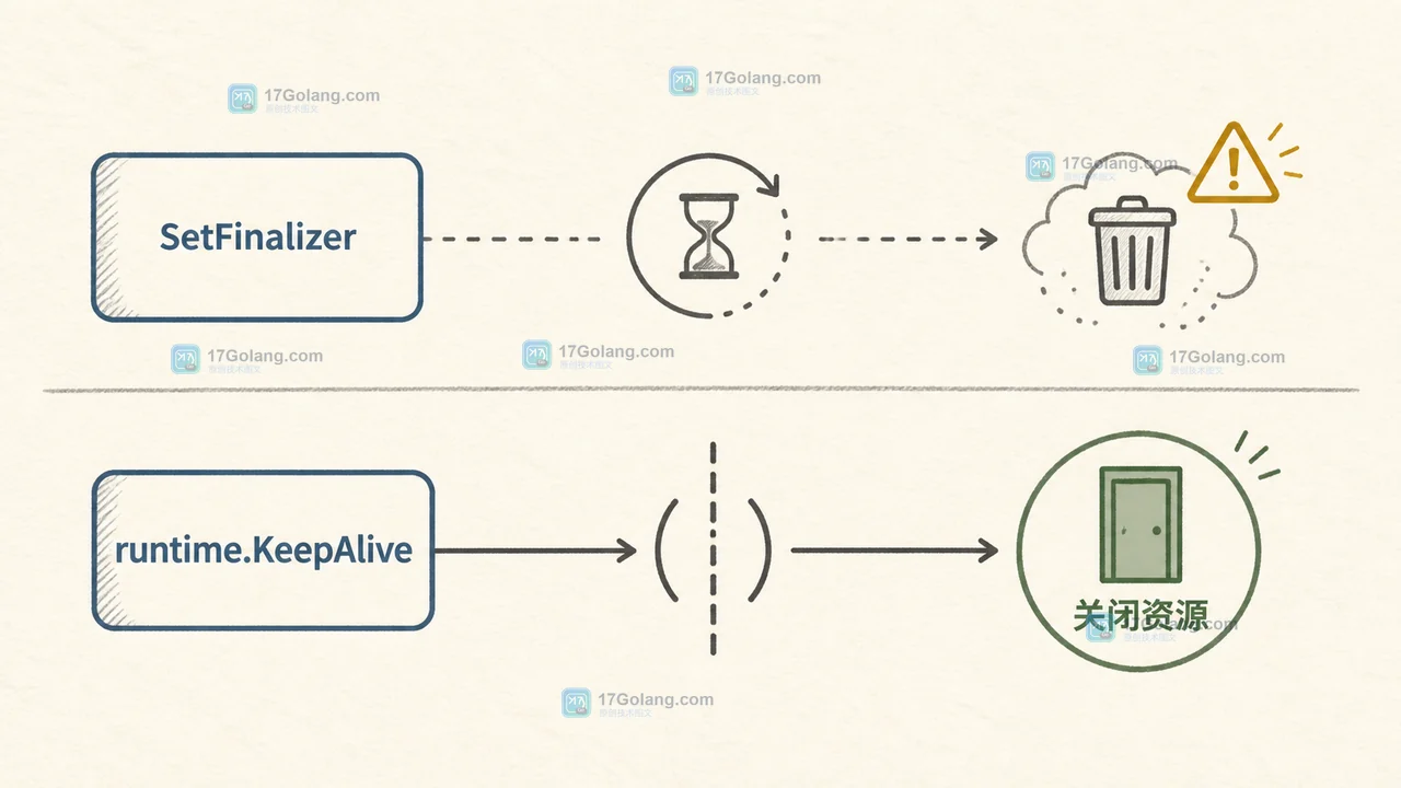 SetFinalizer 负责兜底清理而 runtime.KeepAlive 负责外部调用边界的对照示意