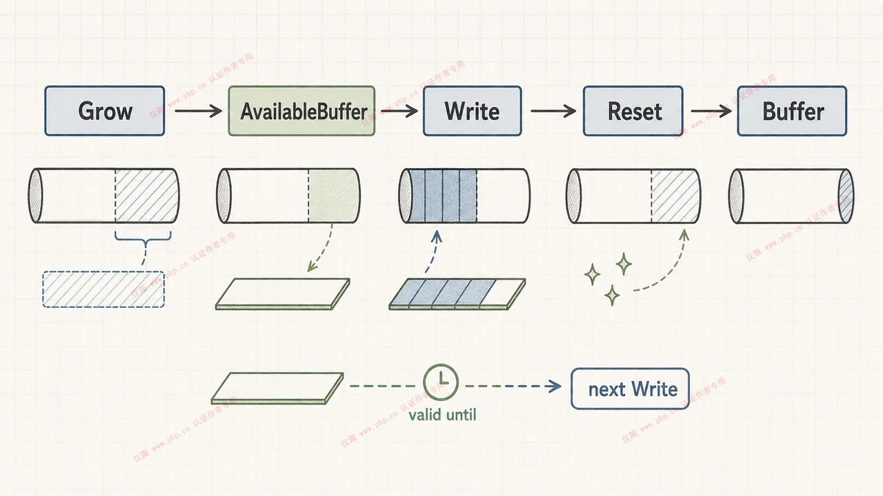 Grow、AvailableBuffer、Write 和 Reset 的真实调用顺序