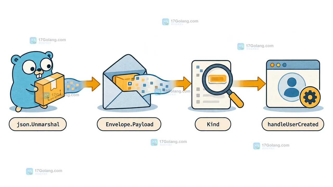 Go json.Unmarshal 将输入复制到 Envelope.Payload，再按 Kind 延迟解码的调用链示意图