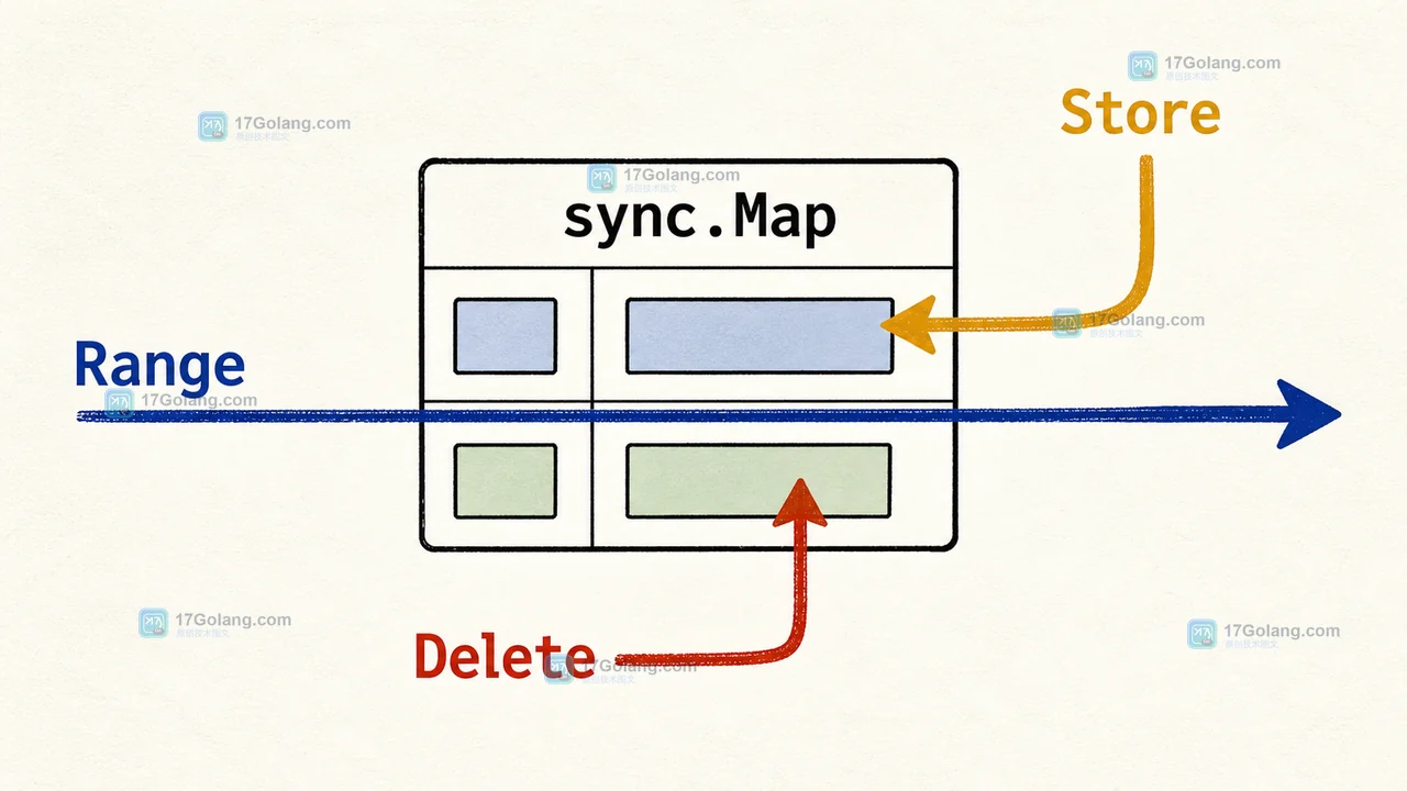 Go sync.Map Range 与 Store Delete 并发交错，展示遍历结果不是一致快照