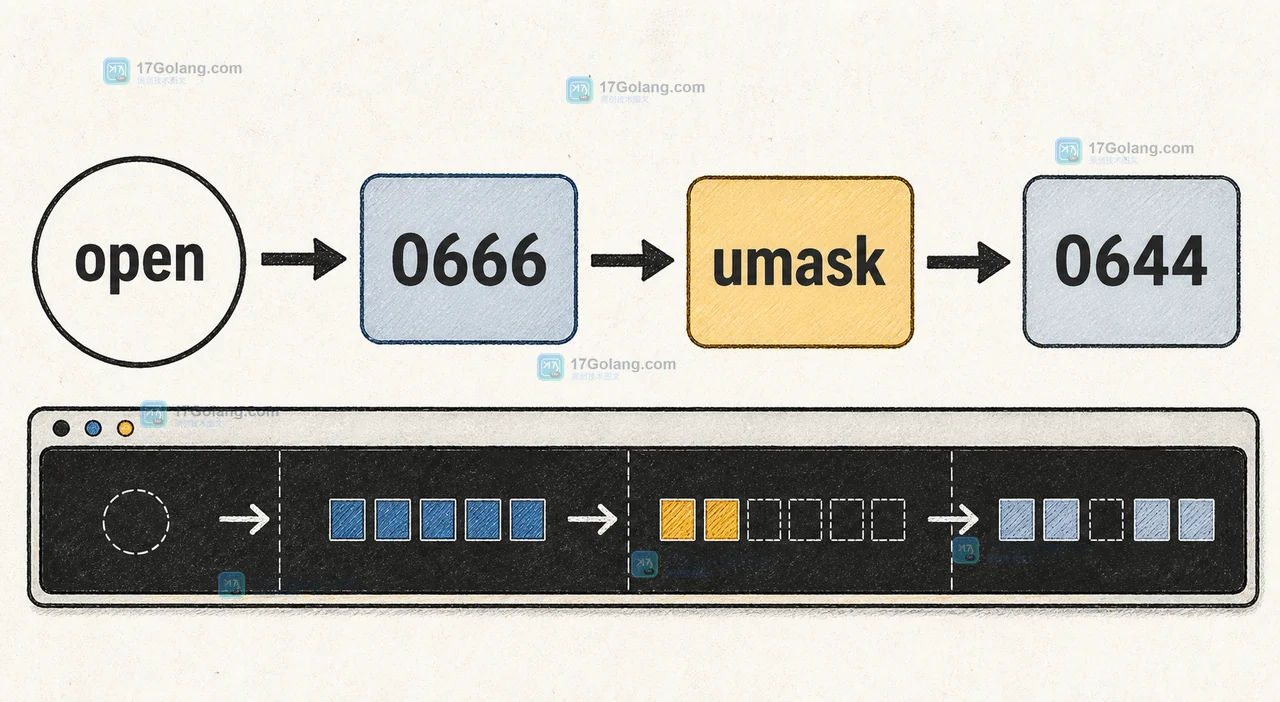 open 以 0666 创建文件，经 umask 022 屏蔽后得到 0644 的二维逻辑图