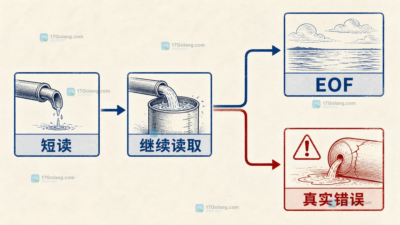 Reader 短读后继续读取，直到 EOF 或真实错误，n 与 err 共同决定复制结果