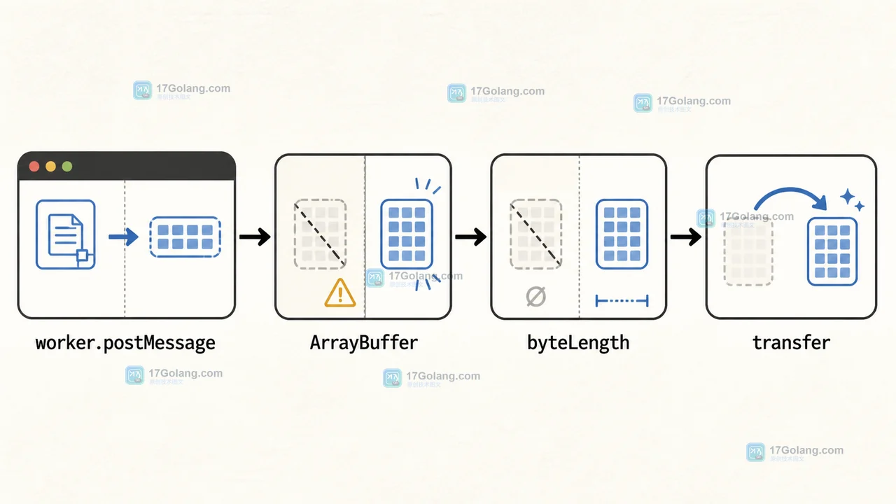 检查 worker.postMessage 发送前后 ArrayBuffer byteLength 与 transfer 所有权变化