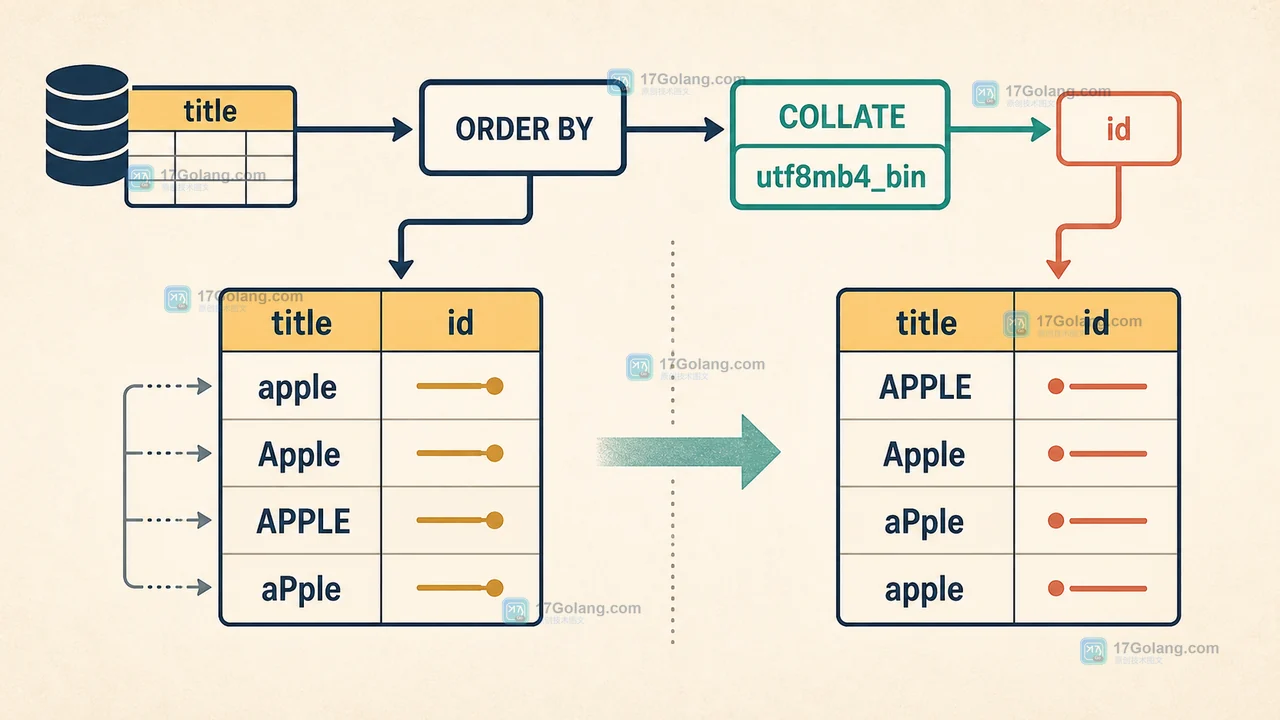 MySQL ORDER BY title 与 COLLATE utf8mb4_bin 的大小写敏感排序前后对比