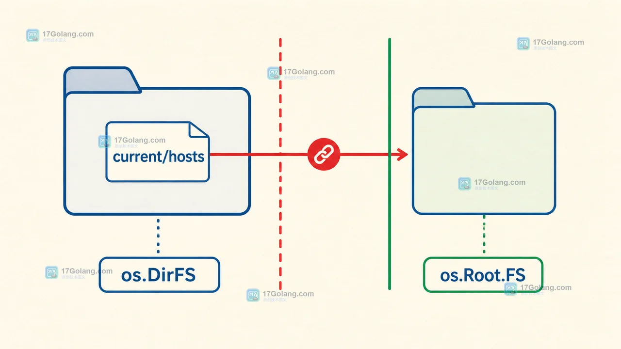 Go os.DirFS 读取 current/hosts 时，合法 FS 名称仍需检查符号链接边界