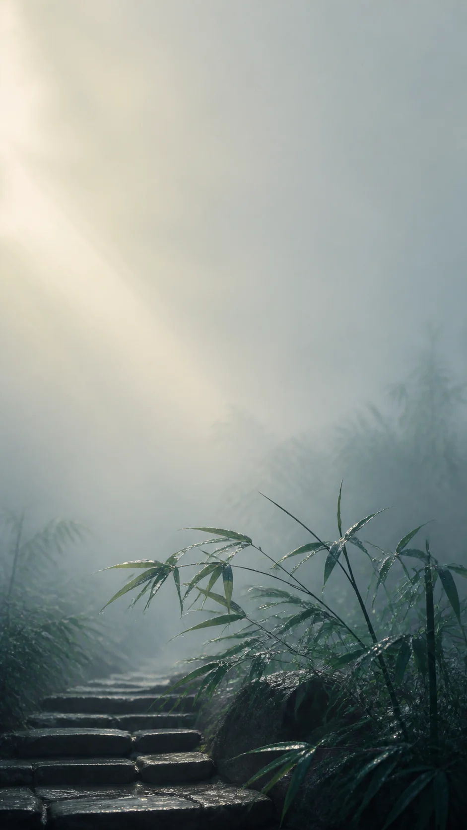 雨后竹影与一束侧光：适合锁屏留白的东方手机壁纸提示词