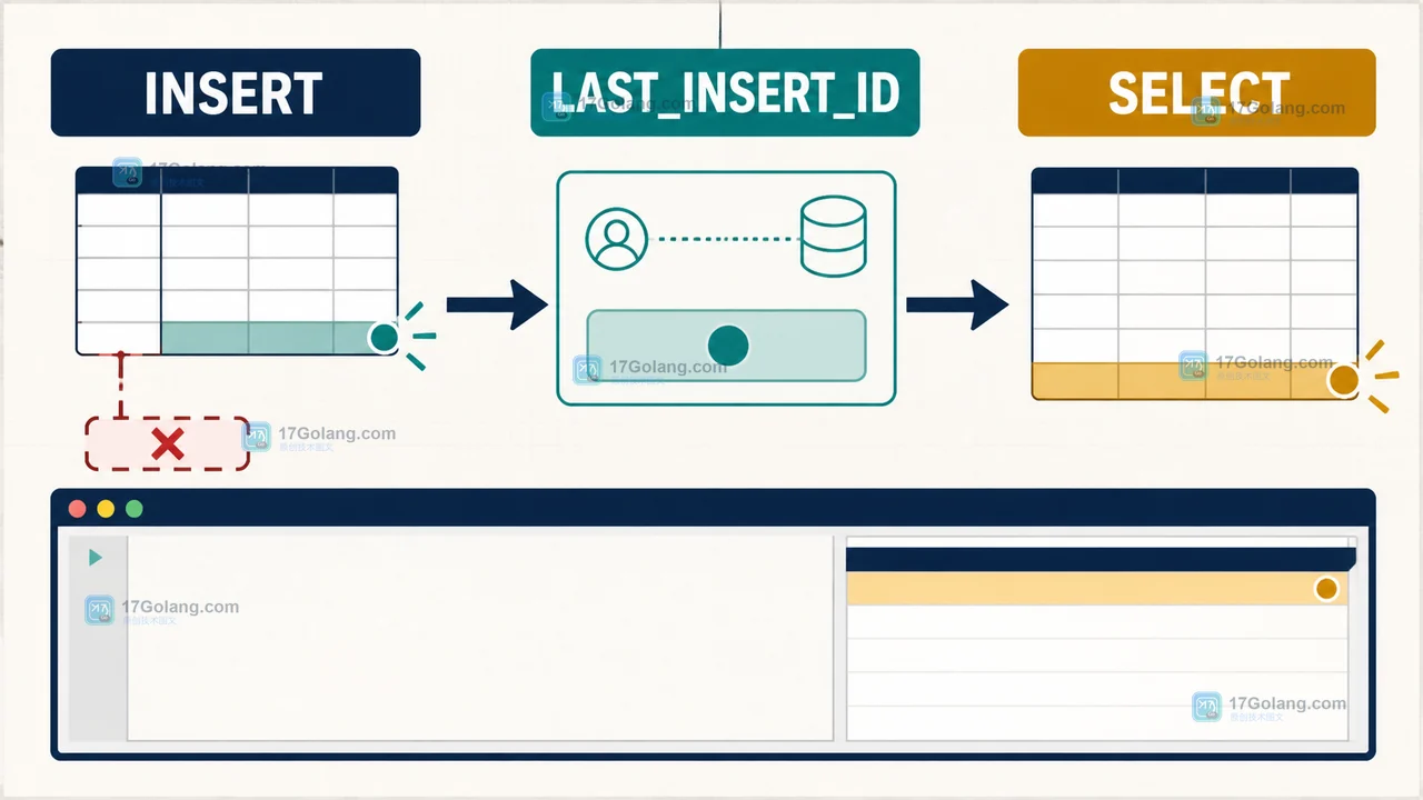 MySQL INSERT 写入后没有 RETURNING，改由 LAST_INSERT_ID 和 SELECT 读取结果的逻辑示意图