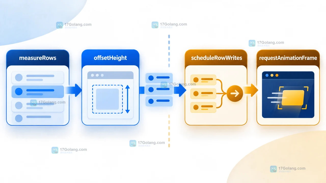 measureRows 读取 offsetHeight 后由 scheduleRowWrites 通过 requestAnimationFrame 合并 DOM 写入的调用链示意图