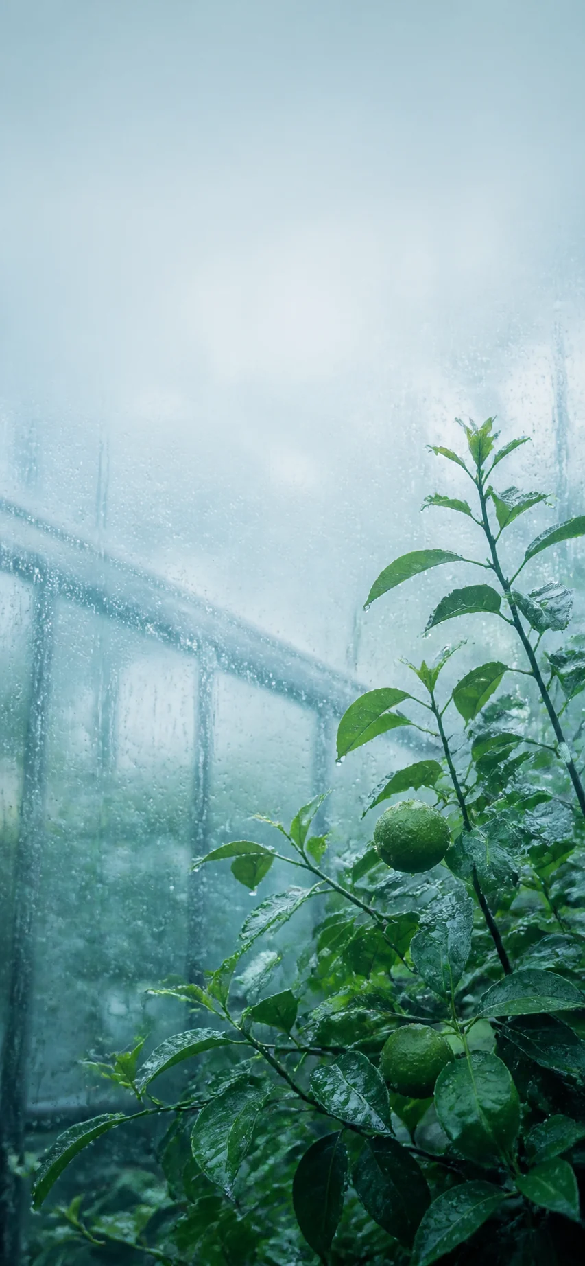 雨后玻璃温室青柠藤影的冷青色竖屏手机壁纸，主体位置不变但光线更清冷
