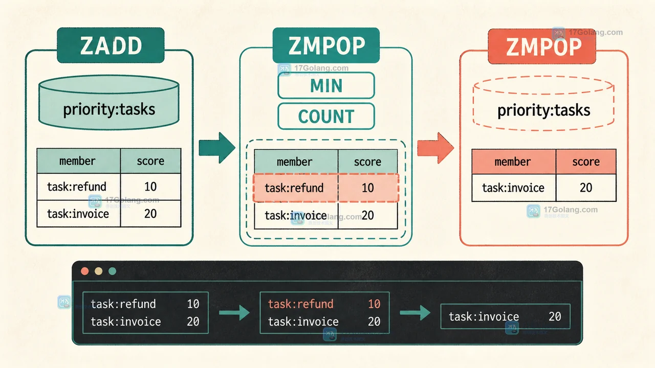 Redis ZMPOP 从 priority:tasks 按 MIN 和 COUNT 取出任务并移除的调用链