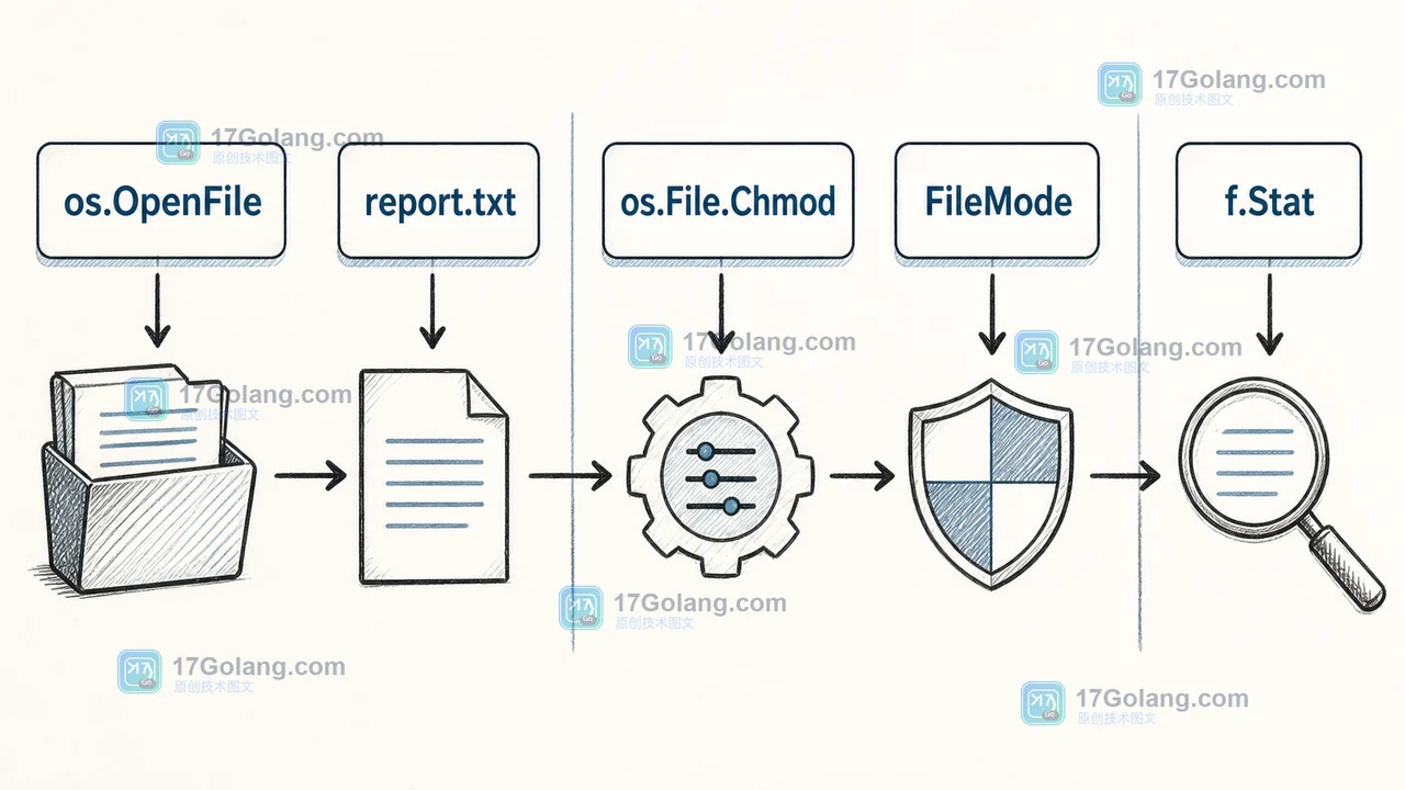 os.OpenFile 将 report.txt 交给 os.File.Chmod，再通过 f.Stat 读取 FileMode 结果的调用链