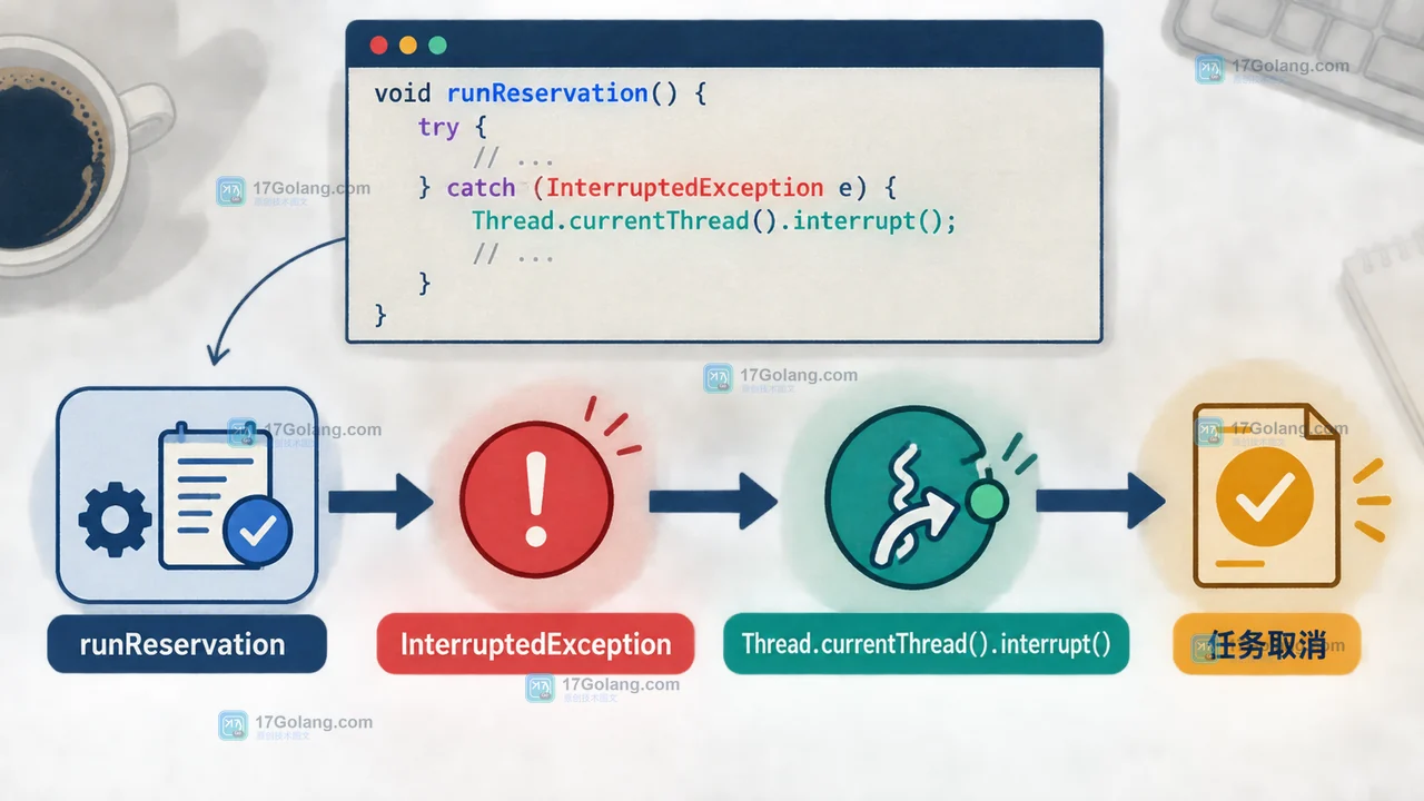 Java InterruptedException 清除中断状态后由 runReservation 恢复并发布任务取消事件